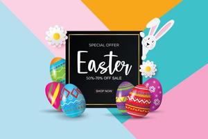 påsk försäljning banner bakgrundsmall med vackra färgglada vårblommor, ägg och kanin. vektor illustration.
