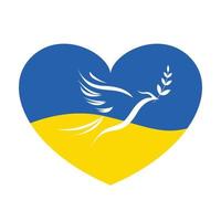 Friedenstaube auf dem Hintergrund der herzförmigen ukrainischen Flagge. ukraine und russland militärischer konflikt. Weltkrieg stoppen. Symbol des Friedens und der Freiheit auf dem Hintergrund der herzförmigen ukrainischen Flagge vektor