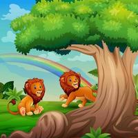 Cartoon zwei Löwen spielen unter dem großen Baum vektor