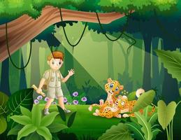 explorer boy och cheetah i djungeln illustration vektor