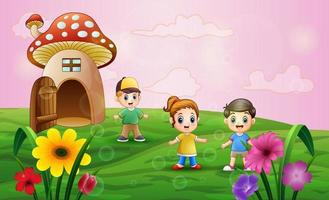 Pilzhaus mit spielenden Kindern auf dem Feld vektor