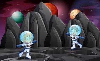 cartoon zwei astronautenkinder erkunden den weltraum vektor