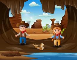 cartoon cowboy und cowgirl an der höhlenillustration
