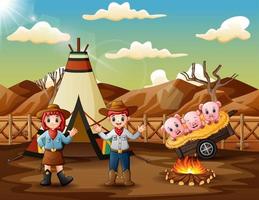 cowboy und cowgirl und schweine auf dem campingplatz illustration vektor