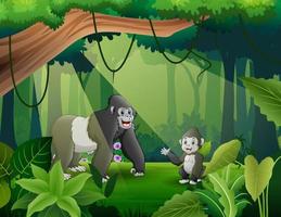 en mor gorilla med sin unge i djungeln illustration vektor