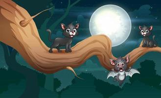 cartoon eine fledermaus und schwarze katzen auf baum in der nacht vektor