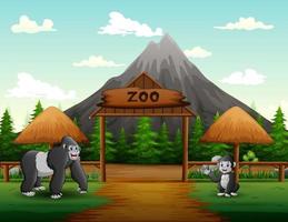 karikatur ein großer gorilla mit ihrem jungen in der offenen illustration des zoos vektor