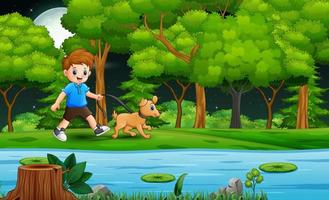 Cartoon ein Junge mit seinem Hund am Fluss spazieren
