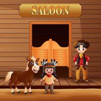 Wild-West-Salon mit Cowboy und indianischem Mädchen vektor