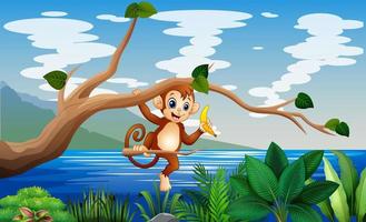 Cartoon-Affe, der an einem Baumstamm hängt vektor