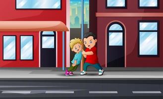 tecknad pojke mobbning liten pojke på gatan illustration vektor