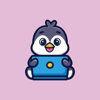 niedlicher Pinguin-Cartoon, der vor einem Laptop arbeitet. tiertechnologie symbol illustration konzept premium vektor