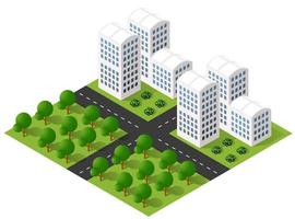 isometrisk 3d illustration stadsstadsområde med många hus och skyskrapor, gator, träd och fordon vektor