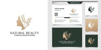 naturlig skönhet logotyp med kvinna ansikte och visitkort design vektor
