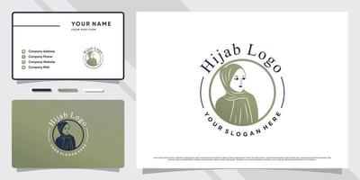 skönhet kvinna muslimsk logotyp bär hijab med kreativa element och visitkort design premium vektor