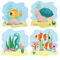 satz aquatischer zusammensetzung mit unterwasserbewohnern, isolierte clipart, designelemente auf weißer hintergrundvektorillustration. Vektor-Illustration vektor