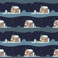 Weihnachtshaus im Schnee mit einem Schneemann. nahtlose textilillustration. Hintergrund, Tapete oder Geschenkpapier. Weihnachtsfeiertage. vektor
