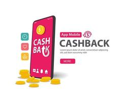 Cash-Back-Service, Geldrückerstattungs-Icon-Konzept. Wagen und Münzstapel, Online-Zahlung auf dem Handy vektor