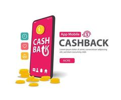 cash back service, pengar återbetalning ikon koncept. vagn och myntstapel, onlinebetalning på mobil vektor