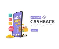 cash back försäljning, pengar återbetalning ikon koncept. vagn och myntstapel, onlinebetalning på mobil vektor