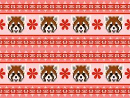 röd panda seriefigur seamless mönster på röd bakgrund. pixel stil vektor