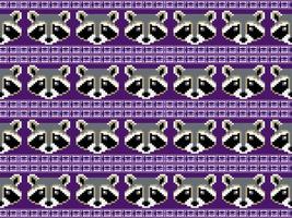 Waschbär Zeichentrickfigur nahtloses Muster auf lila Hintergrund. Pixel-Stil