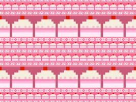 nahtloses muster der kuchenzeichentrickfigur auf rosa hintergrund. pixelart vektor