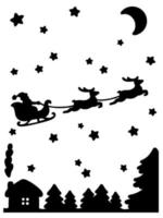 der weihnachtsmann trägt weihnachtsgeschenke auf rentieren. schwarze Silhouette. Gestaltungselement. Vektor-Illustration isoliert auf weißem Hintergrund. vorlage für bücher, aufkleber, poster, karten, kleidung.