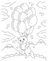 Eine verliebte Katze fliegt mit einem Geschenk in Luftballons. Malbuchseite für Kinder. Valentinstag. Zeichentrickfigur. Vektor-Illustration isoliert auf weißem Hintergrund. vektor