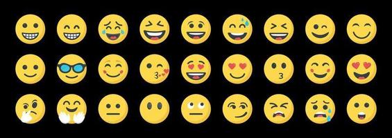 lustige cartoon gelbe emoji und emotionen symbolsammlung. Stimmungs- und Gesichtsgefühlssymbole. Weinen, Lächeln, Lachen, fröhliche, traurige, wütende und glückliche Gesichter, Emoticons-Vektor