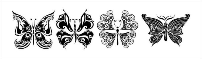 Silhouetten von Schmetterlingen. schwarze Bilder von lustigen Schmetterlingen. Insektenschmetterling schwarze Silhouette, geflügeltes wunderschönes Tier vektor