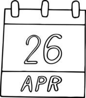 kalender hand dras i doodle stil. 26 april. Internationell minnesdag för katastrofen i Tjernobyl, världens immateriella rättigheter, federationen av förenade städer. planering, affärer, semester vektor