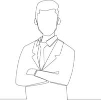 enkel kontinuerlig linje, självsäker affärsman bär formella kläder stående med armarna i kors bär vitt kontor. vektor illustration.