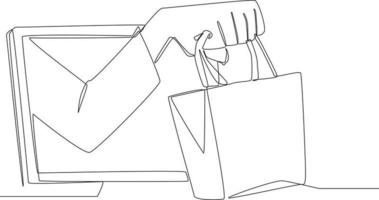 Kontinuierliche Linienzeichnung einer Hand, die eine Papiertüte hält, die auf einem Laptop aus dem Online-Shop schwebt. Vektor-Illustration. vektor