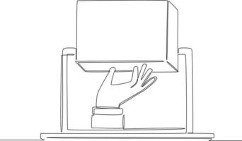 kontinuerlig linjeritning av lådpaket i hand som flyter ut ur onlinebutik på bärbar dator. vektor illustration.