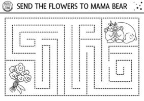 Muttertag Schwarz-Weiß-Labyrinth für Kinder. druckbare Aktivität für die Vorschule in den Ferien. lustiges familienliebeslinienspiel oder farbseite mit süßem mamabären. mutter und baby oder valentinstag labyrinth. vektor