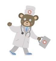 Vektor Bärenarzt geht mit Erste-Hilfe-Kasten und winkt mit der Hand. süßer lustiger tiercharakter. Medizinbild für Kinder. Gesundheitssymbol isoliert auf weißem Hintergrund