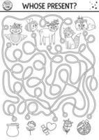 Muttertag Schwarz-Weiß-Labyrinth für Kinder. druckbare Aktivität für die Vorschule in den Ferien. lustiges familienliebeslinienspiel oder puzzle mit niedlichen tieren und geschenken. Mutter- und Babylabyrinth oder Malseite vektor