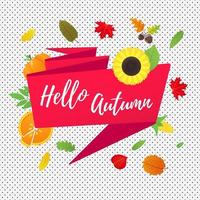 hallo herbst vektor banner oder poster gradient flache design vektorillustration. riesiges rotes band mit text, farbigen blättern, kürbis, sonnenblumen, kuchen und mais isoliert auf lustigem hintergrund.