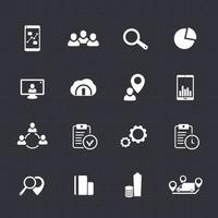 16 Business-Icons gesetzt, Berichte, Statistiken, Indizes Piktogramme auf dunkel