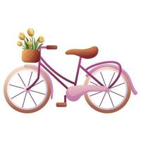 vintage tecknad illustration med rosa cykel med korg med blommor. retro romantisk vårblomning design. vektor tecknad stil handritad illustration.