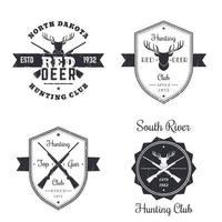 Vintage-Logo des Jagdclubs, Abzeichen, Schilder, Embleme mit gekreuzten Gewehren, Gewehren, Hirschkopf auf Weiß, Vektorillustration