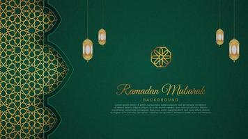 ramadan kareem islamisk arabisk grön lyxbakgrund med geometriskt mönster och vacker prydnad med lyktor vektor