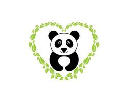 Liebesform mit grünem Naturblatt mit niedlichem Panda im Inneren vektor
