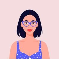 Stilvolles, farbenfrohes Porträt einer schönen Frau mit Brille vorne. flache vektorillustration vektor