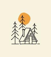 einfaches Monoline-Design-Cottage, Bäume und strahlende Sonne vektor