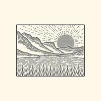 illustration des sonnenuntergangs in st. Lake Mary in Montana Glacier National im Monoline-Stil für Abzeichen, Embleme, Aufnäher, T-Shirts usw. vektor