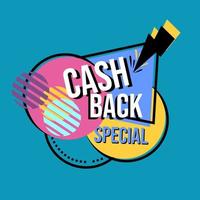 Anzeigenabzeichen mit Cashback-Text. Memphis-Stil und Retro-Design