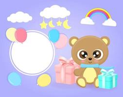 süßes plakat mit kleinem teddybär, luftballons, wolken, geschenken, sternen und mond, flacher realistischer stil, für babyparty, grußkarte, vektorillustration.