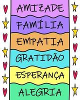 brasilianska portugisiska färgglada digitala vänskapsbokstäver. perfekt för din vän. översättning - vänskap, familj, empati, tacksamhet, hopp, glädje vektor